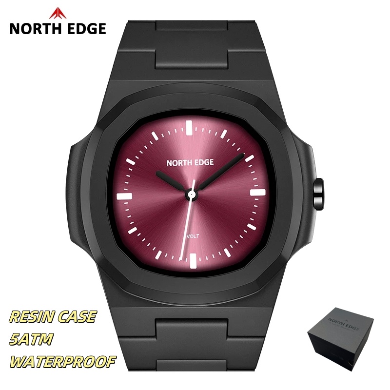 Waterproof Diving Watch - NORTH EDGE นาฬิกาสําหรับชายใหม่โวลต์ควอตซ์นาฬิกาแฟชั่นเรซิ่นสแควร์ว่ายน้ํา 50M กันน้ํานาฬิกาผู้ชายของขวัญกล่อง