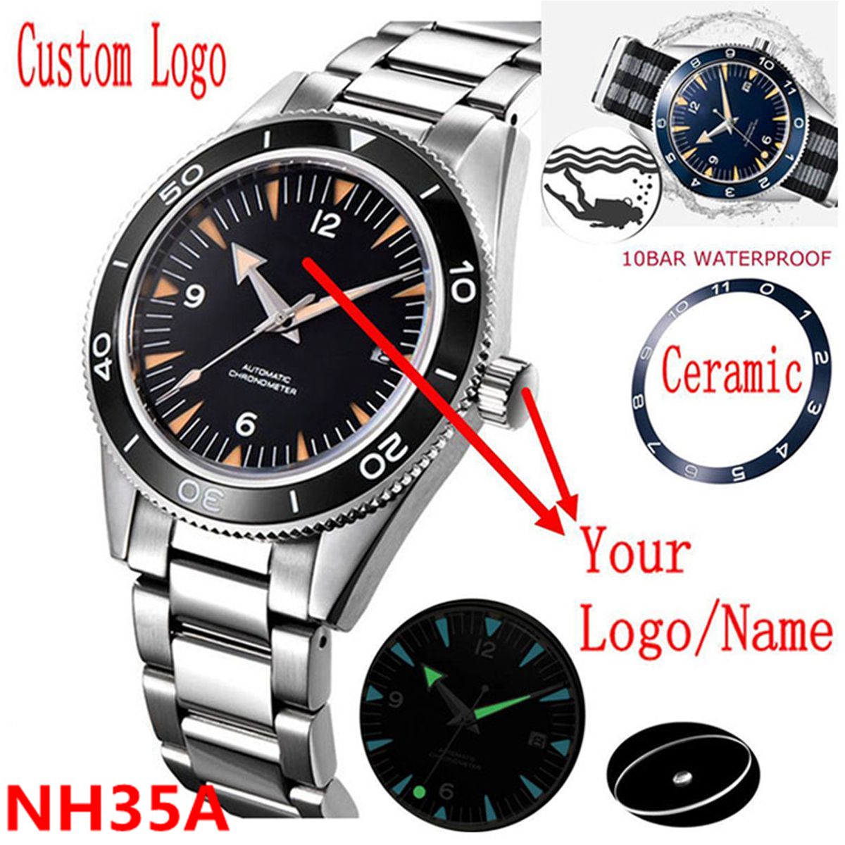 Luxury Ceramic Watch - โลโก้ที่กําหนดเอง NH35 นาฬิกา 10 บาร์ Mens