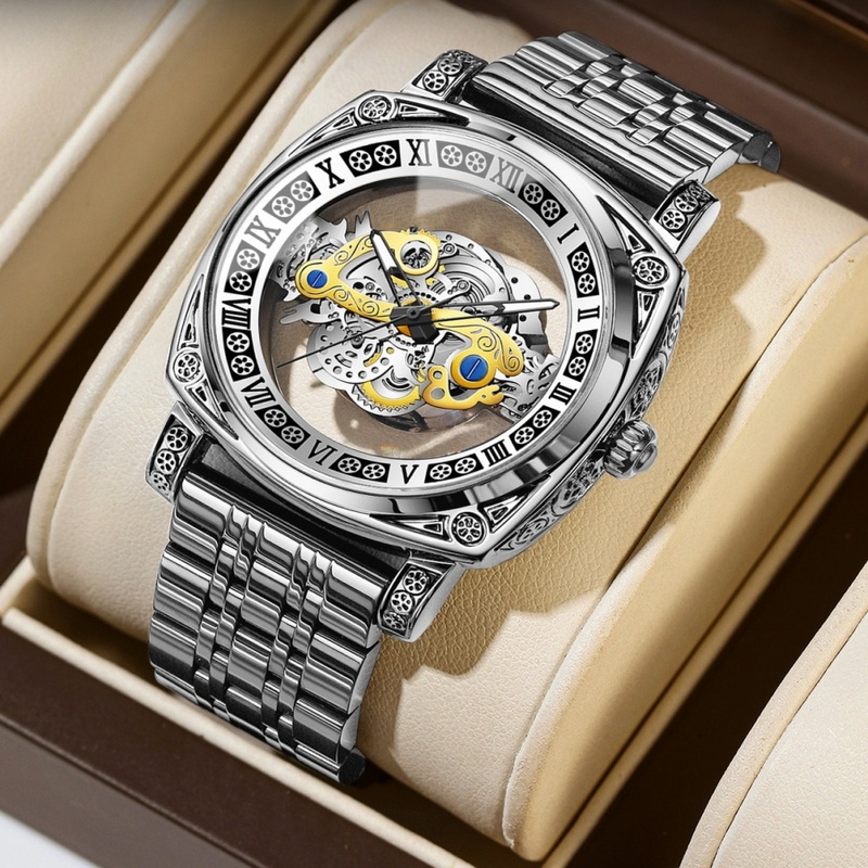 Vintage Digital Watch - นาฬิกาข้อมือวินเทจแกะสลักใหม่ปี 2026 สำหรับผู้ชาย ดีไซน์แบบโปร่งแสง นาฬิกาควอตซ์ พร้อมเข็มเรืองแสง