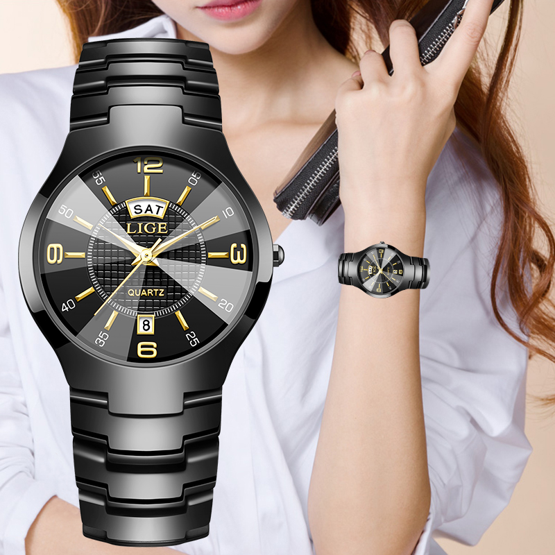 Luxury Ceramic Watch - นาฬิกาข้อมือผู้หญิง LIGE แฟชั่นหรูหรา สายเซรามิก แสดงวันที่และวันในสัปดาห์ กันน้ำ
