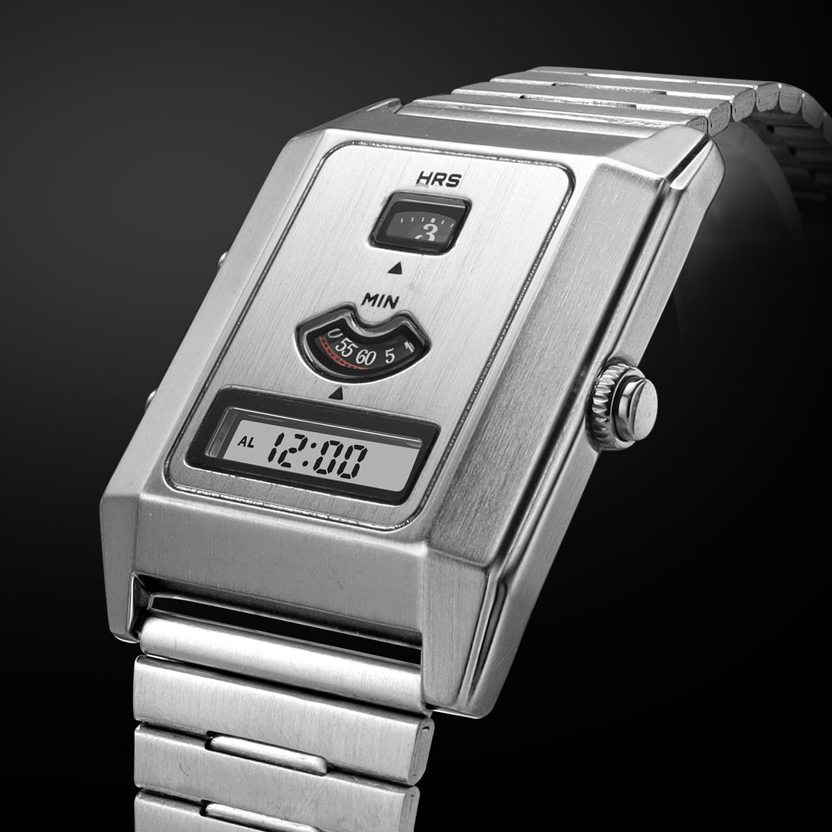 Vintage Digital Watch - แฟชั่นควอตซ์นาฬิกาอิเล็กทรอนิกส์แบบเคลื่อนไหวคู่สำหรับผู้ชายนาฬิกาสามจอแสดงผลพร้อมไฟแบ็คไลท์นาฬิกาข้อมือแบบยูนิเซ็กซ์พร้อมสายสแตนเลส