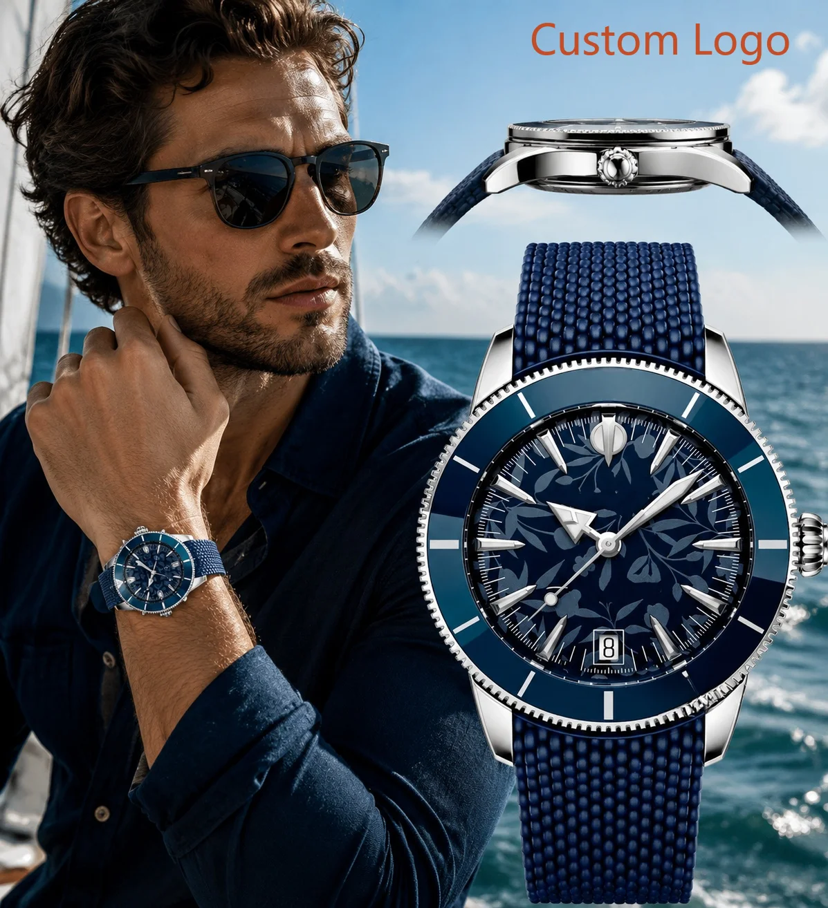 Waterproof Diving Watch - นาฬิกาดำน้ำอัตโนมัติสำหรับผู้ชาย ขนาด 46 มม. ขอบเซรามิกสีน้ำเงินหมุนได้ หน้าปัดลายดอกไม้สุดพิเศษ