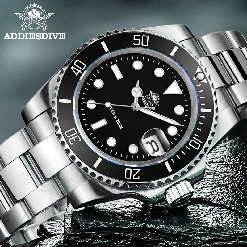 Luxury Ceramic Watch - ADDIESDIVE นาฬิกาคลาสสิกสำหรับผู้ชายพร้อมกรอบเซรามิก 200 มกันน้ำนาฬิกาควอทซ์ลำลอง BGW9 สีฟ้าส่องสว่างนาฬิกาของขวัญ