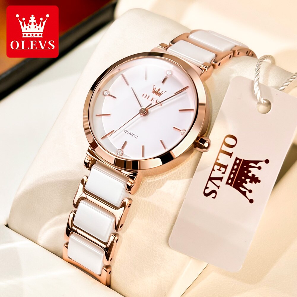 Luxury Ceramic Watch - OLEVS นาฬิกาผู้หญิงแฟชั่น relogio feminino นาฬิกาหรูสีโรสโกลด์สำหรับสุภาพสตรีนาฬิกาข้อมือควอตซ์สายเซรามิคนาฬิกา reloj